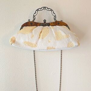 Rare Victorian White Cream Sequins Wedding Gold Clutch Handle Purse Crossbody